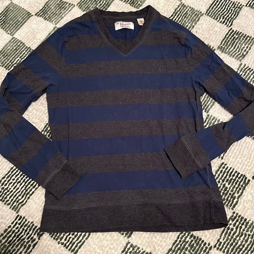 Penguin blue and gray striped v-neck